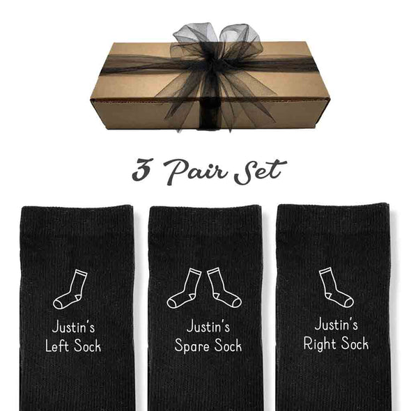 Funny personalized mens dress socks with a left and right design sold in a three pair gift box set.