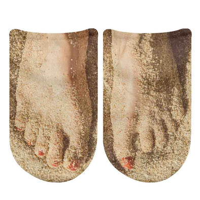 Cool original design by socksprints, custom printed sandy feet socks printed on white cotton no show socks.