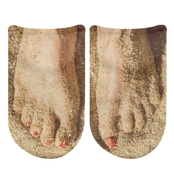 Ladies sandy feet custom design by sockprints is digitally printed on the top of no show cotton socks.