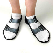 Original design by socksprints these digitally printed black sandal feet are custom printed on no show gripper sole socks.