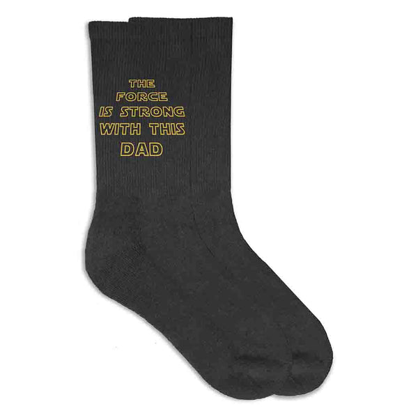 Funny fathers day star wars theme the force is strong with this one digitally printed on crew socks.