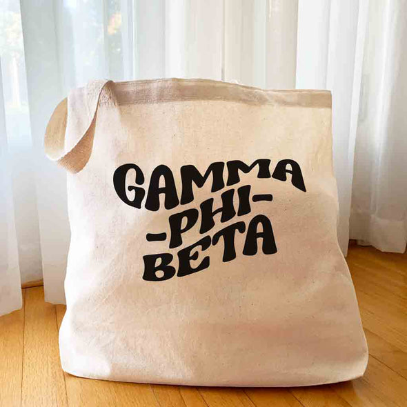 Gamma Phi Beta digitally printed simple mod design on roomy canvas sorority tote bag.