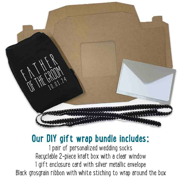 Exclusive gift wrap kit included for custom printed father of the groom wedding socks.