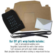 Exclusive gift wrap kit included with purchase of custom printed wedding socks for the father of the bride.