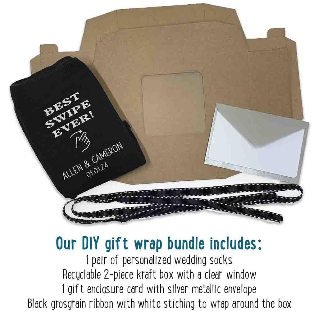 Easy to assemble gift wrap bundle with note card and ribbon included with purchase of swipe right design custom printed socks.
