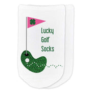 Lucky golf socks custom printed on white cotton no show socks.