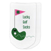 Lucky golf socks custom printed on white cotton no show socks.