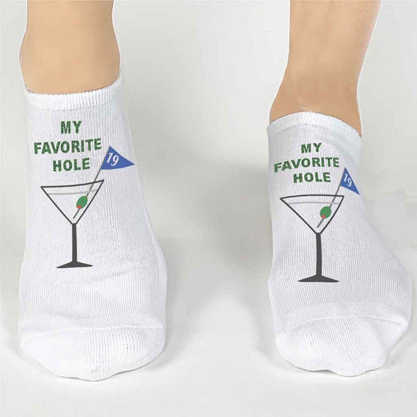 Custom no show socks digitally printed with funny golf theme cocktail and 19th hole