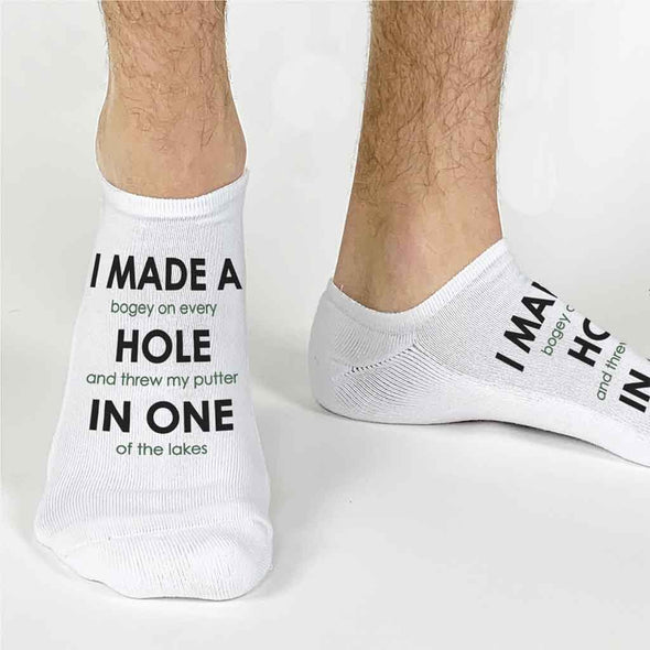 Custom printed golf socks digitally printed with I made a hole in one theme make a great gift 