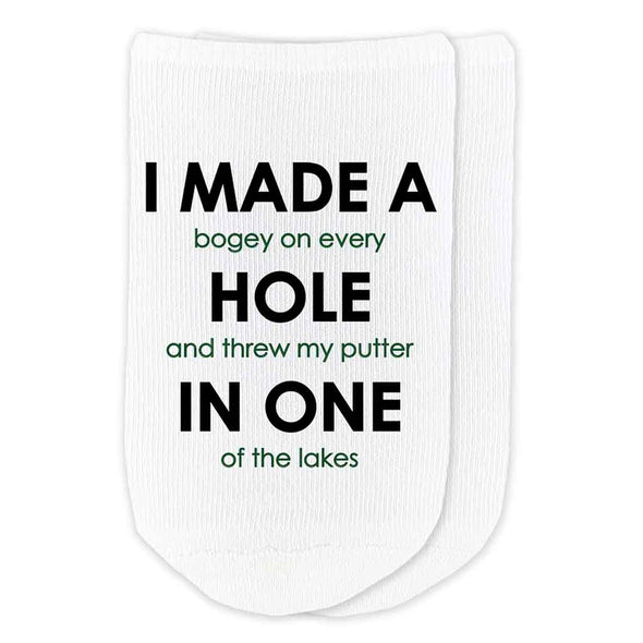 Custom no show socks digitally printed with a funny golf theme for your favorite golfer
