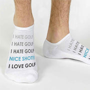 Custom no show socks digitally printed with love hate golf theme