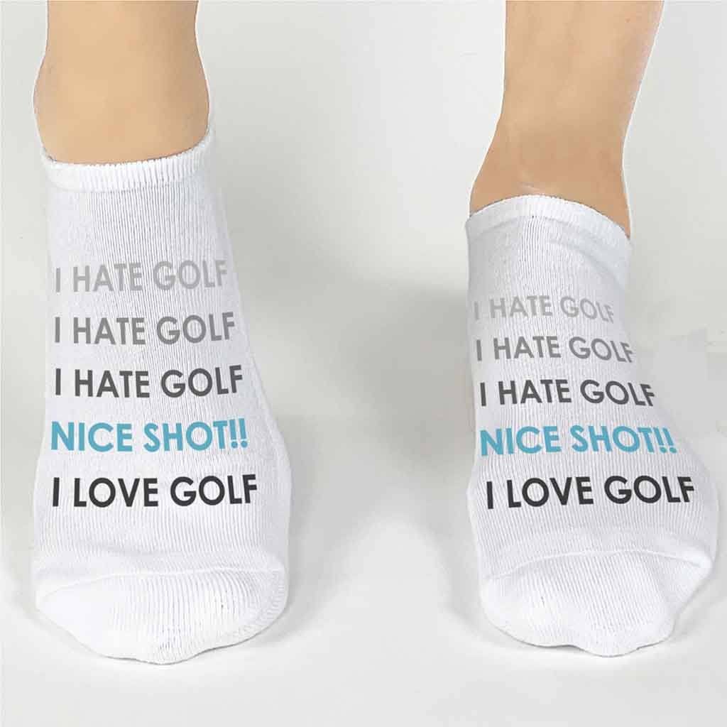 Custom printed no show golf theme socks make a great gift for your favorite golfer