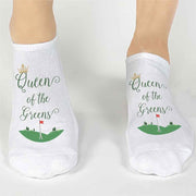 Custom no show socks digitally printed with queen of the greens make a great addition to your wardrobe