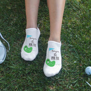 White no-show golf socks featuring the phrase "Bring on the Par-Tee!" printed on top in bold lettering, designed for golfers who love fun on and off the course. A great gift or tournament prize.