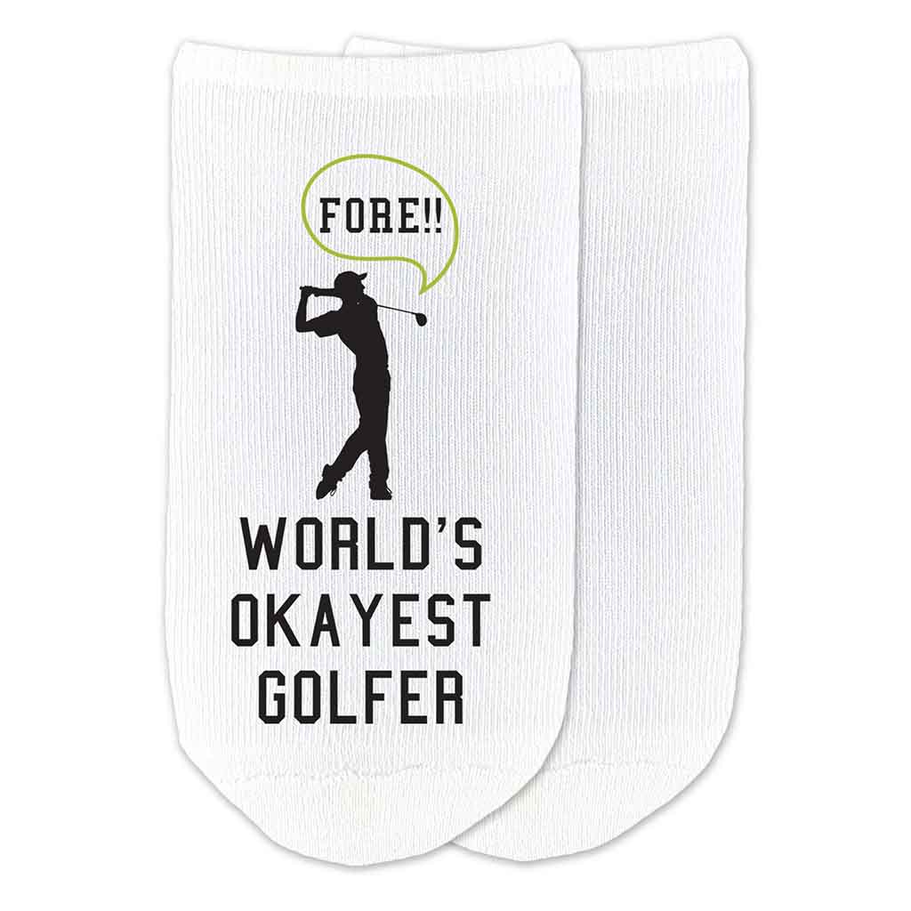 Funny golf socks. World's Okayest Golfer.