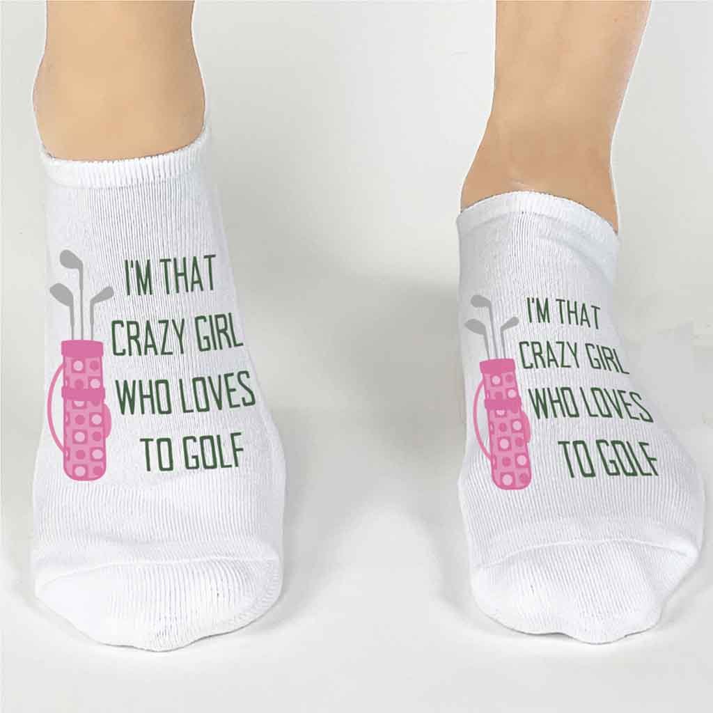 Custom no show socks digitally printed with golf theme and crazy girl who loves to golf