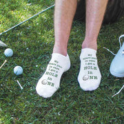 The cotton no show socks are printed with a fun golf saying that will bring a laugh to all your golfing buddies, a fun golf gift