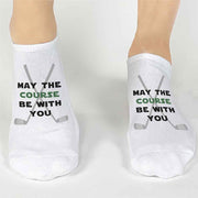 Custom no show golf theme socks digitally printed with may the course be with you makes a great gift