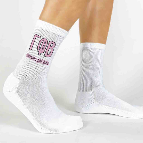 Gamma Phi Beta sorority letters and name digitally printed on white crew socks.