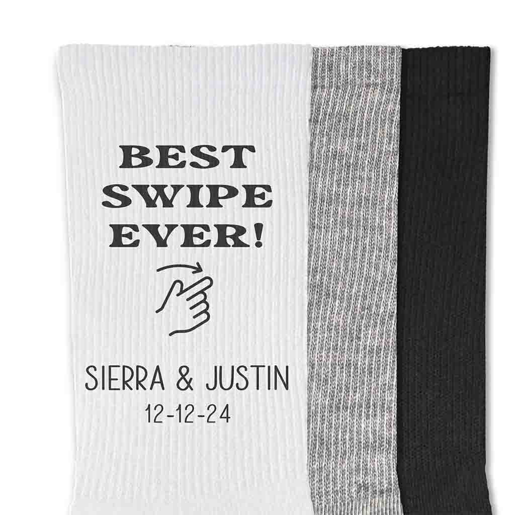 These original swipe right design on personalized socks makes  a great gift from the bride to the groom on their special day.
