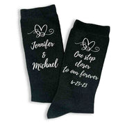 One step closer to my forever custom printed with your names and wedding date digitally printed on the side of the socks.