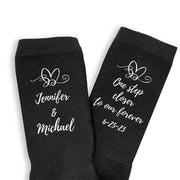 One step closer to my forever custom printed with your names and wedding date digitally printed on the side of the socks.