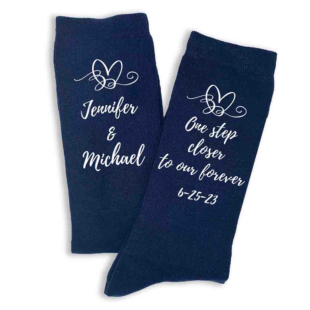 One step closer to my forever custom printed with your names and wedding date digitally printed on the side of the socks.