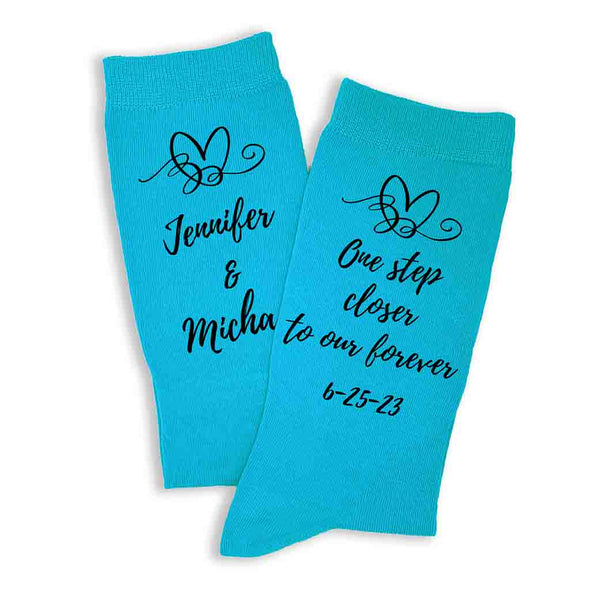 One step closer to my forever custom printed with your names and wedding date digitally printed on the side of the turquoise dress socks.