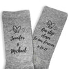 One step closer to my forever custom printed with your names and wedding date digitally printed on the side of the heather gray crew socks.