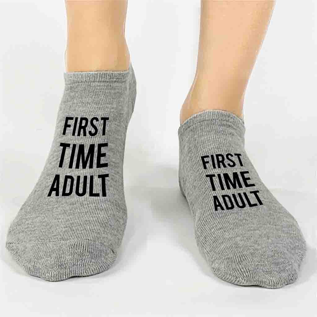 First time adult digitally printed on custom cotton no show socks make a great graduation gift