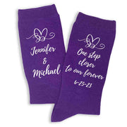 One step closer to my forever custom printed with your names and wedding date digitally printed on the side of the purple flat knit dress socks.