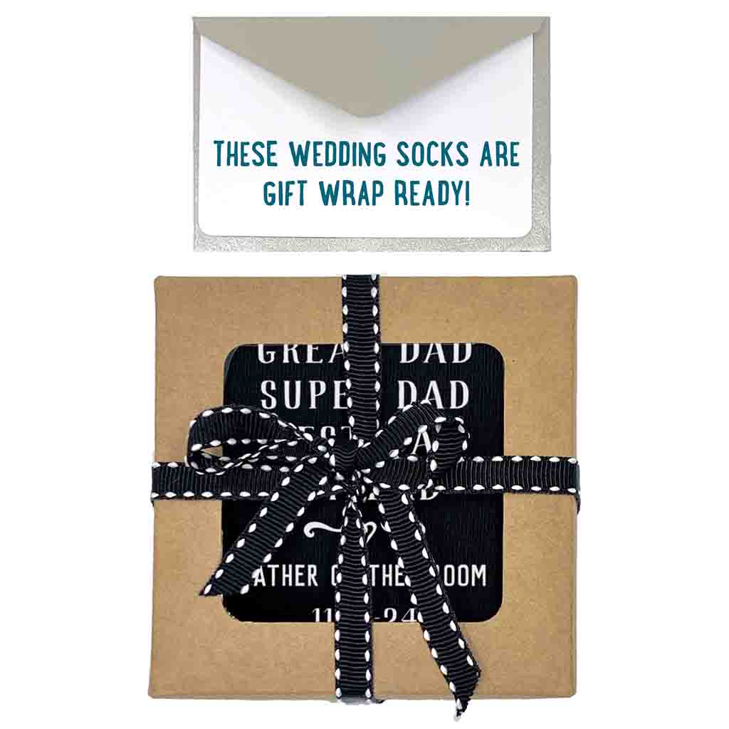 Wedding socks for the father of the groom custom printed and personalized with gift wrapping kit included.