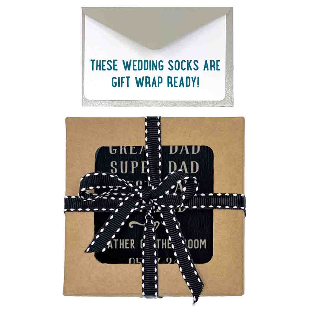Exclusive gift wrap kit included with custom printed wedding socks for the father of the groom.