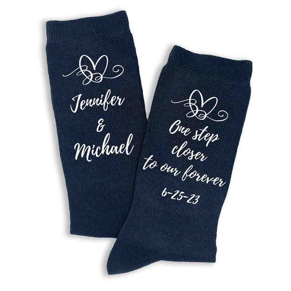 One step closer to my forever custom printed with your names and wedding date digitally printed on the side of the socks.