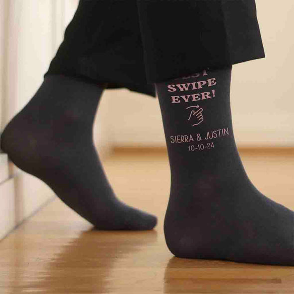 Fun personalized right swipe socks for the groom with a best swipe ever design custom printed and personalized with your names and wedding date.