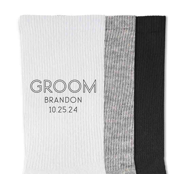 Personalized groomsmen socks for the wedding party designed with a minimalist style look custom printed for the entire wedding party make a great gift.