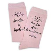 One step closer to my forever custom printed with your names and wedding date digitally printed on the side of the blush dress socks.