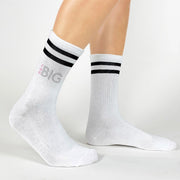 Black striped crew socks custom design by sockprints with Big and your sorority letters digitally printed on the outside of both socks.