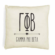 Gamma Phi Beta sorority letters and name in boho style design custom printed on white or natural cotton throw pillow cover.