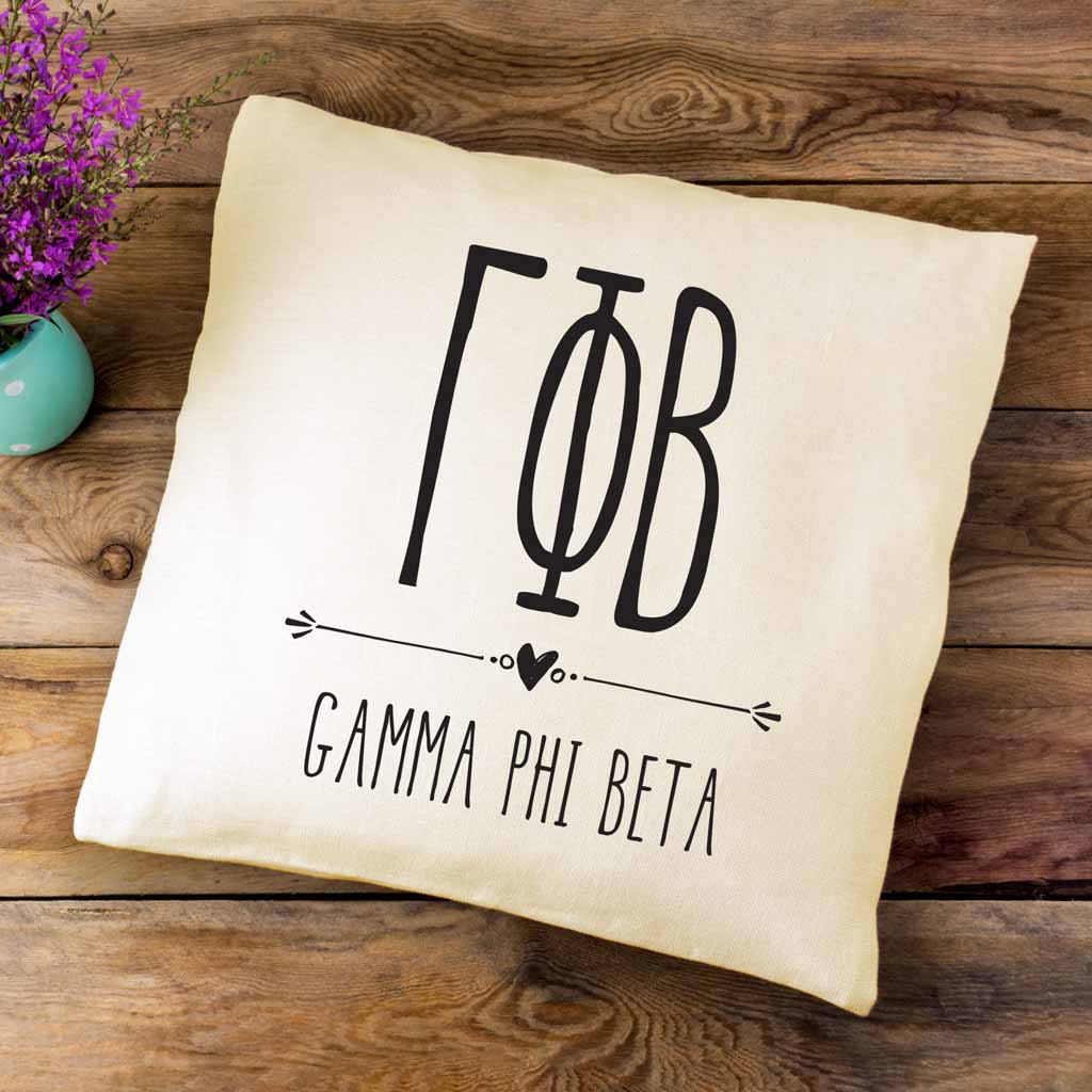 GPB sorority letters and name in boho style design custom printed on white or natural cotton throw pillow cover.