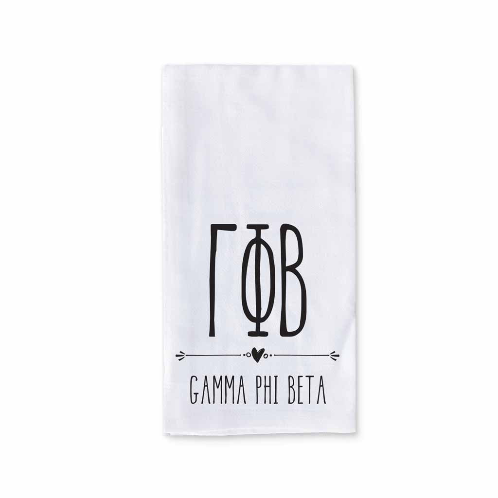 Gamma Phi Beta sorority name and letters custom printed with boho style design on white cotton kitchen towel.