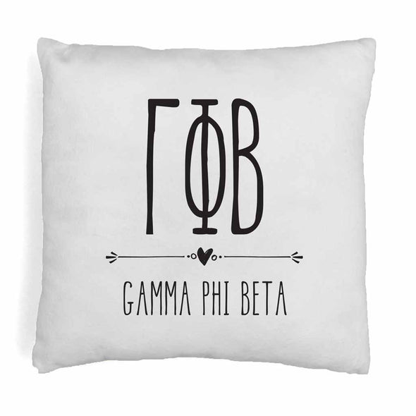 Gamma Phi Beta sorority name and letters in boho style design digitally printed on throw pillow cover.