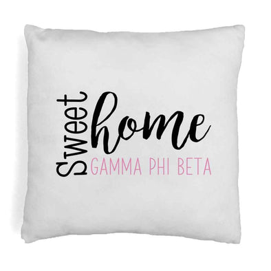 Gamma Phi Beta sorority name in sweet home design digitally printed on throw pillow cover.