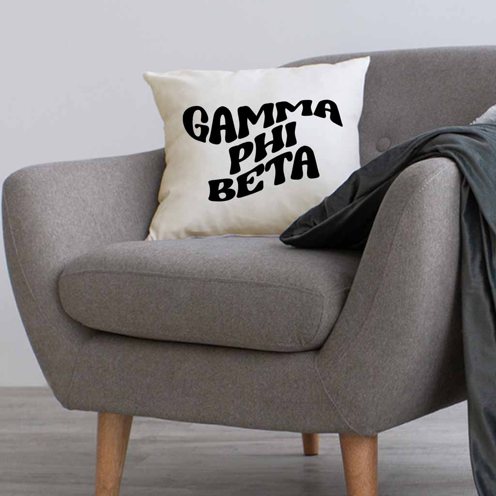 GPB sorority name in mod style design custom printed on white or natural cotton throw pillow cover.