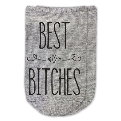 Best bitches friendship design digitally printed with hearts on comfortable cotton no show socks.