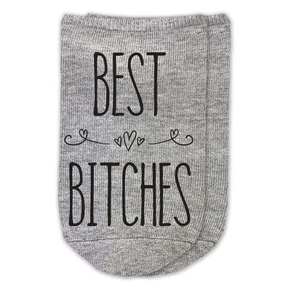 Best bitches friendship design digitally printed with hearts on comfortable cotton no show socks.