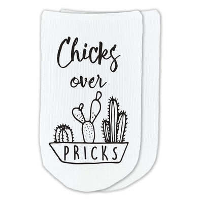 Chick over pricks cactus design digitally printed in black ink on comfortable soft cotton no show socks.