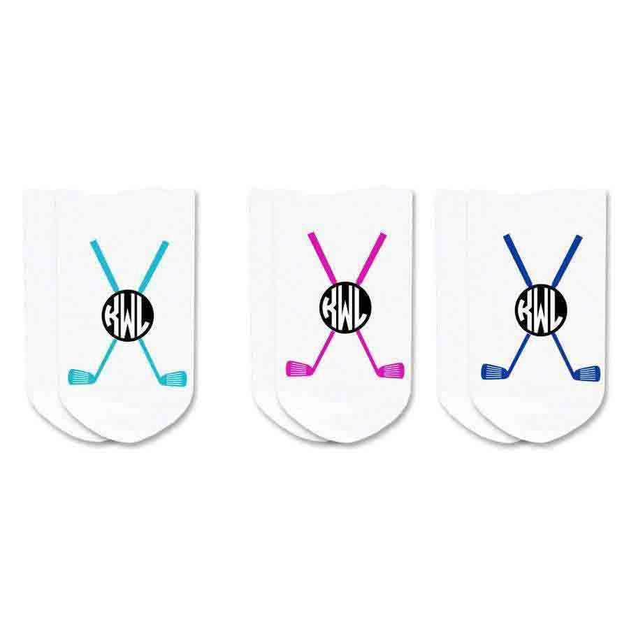 Custom printed and personalized with your monogrammed initials womens no show digitally printed golf socks in a three pair set.