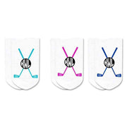 Custom printed and personalized with your monogrammed initials womens no show digitally printed golf socks in a three pair set.