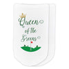 Queen of the greens golf design is custom printed on the top of the white cotton no show socks.